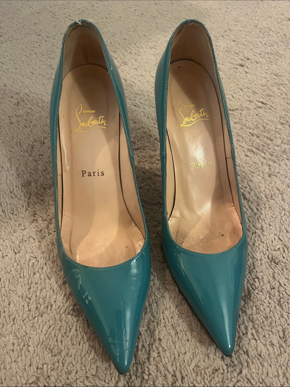 Christian Louboutin Teal Patent Pointed-Toe Pumps size 38/ U.S. 7.5